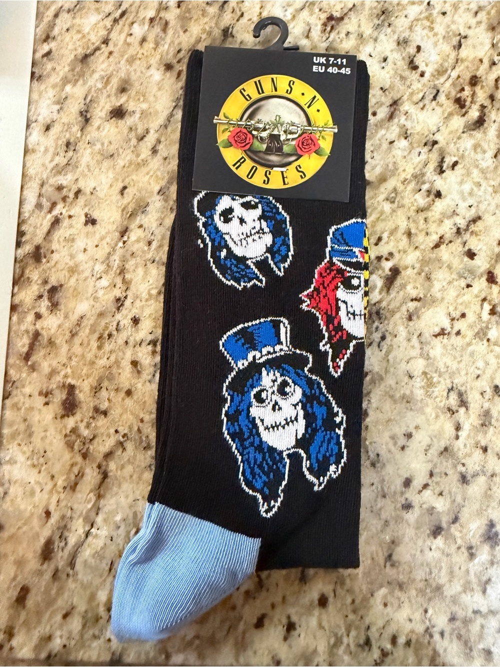 Guns And Roses Bravado Black Crew Socks with Blue, Red, & Blue Skull Graphics
